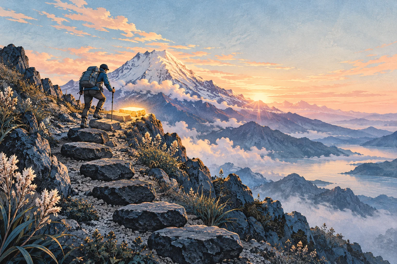 Una persona avanza hacia una cumbre andina al amanecer.